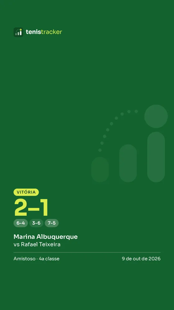 Card para Stories: Marina Albuquerque venceu Rafael Teixeira por 2 sets a 1, com 6-4, 3-6 e 7-5